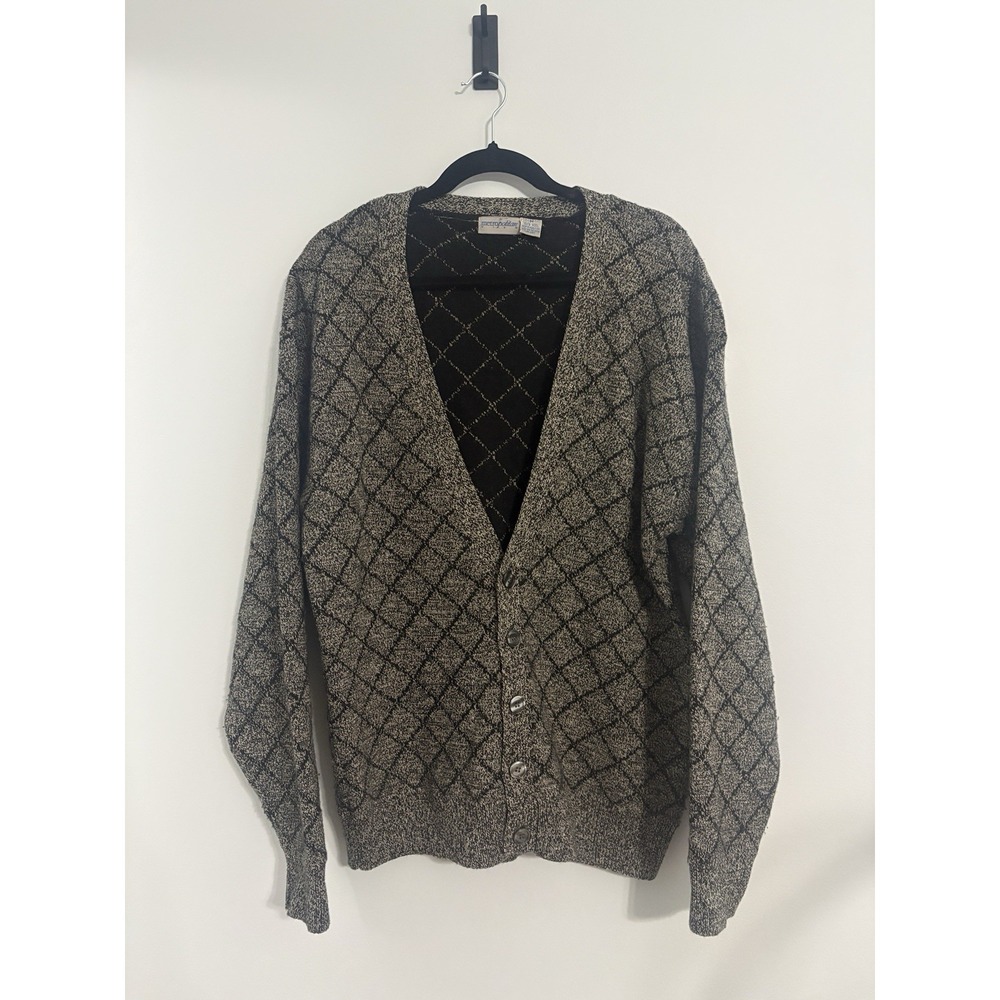 VTG Metropolitan View 100% Wool Cardigan Sweater 80's Gray Black Diamond Medium